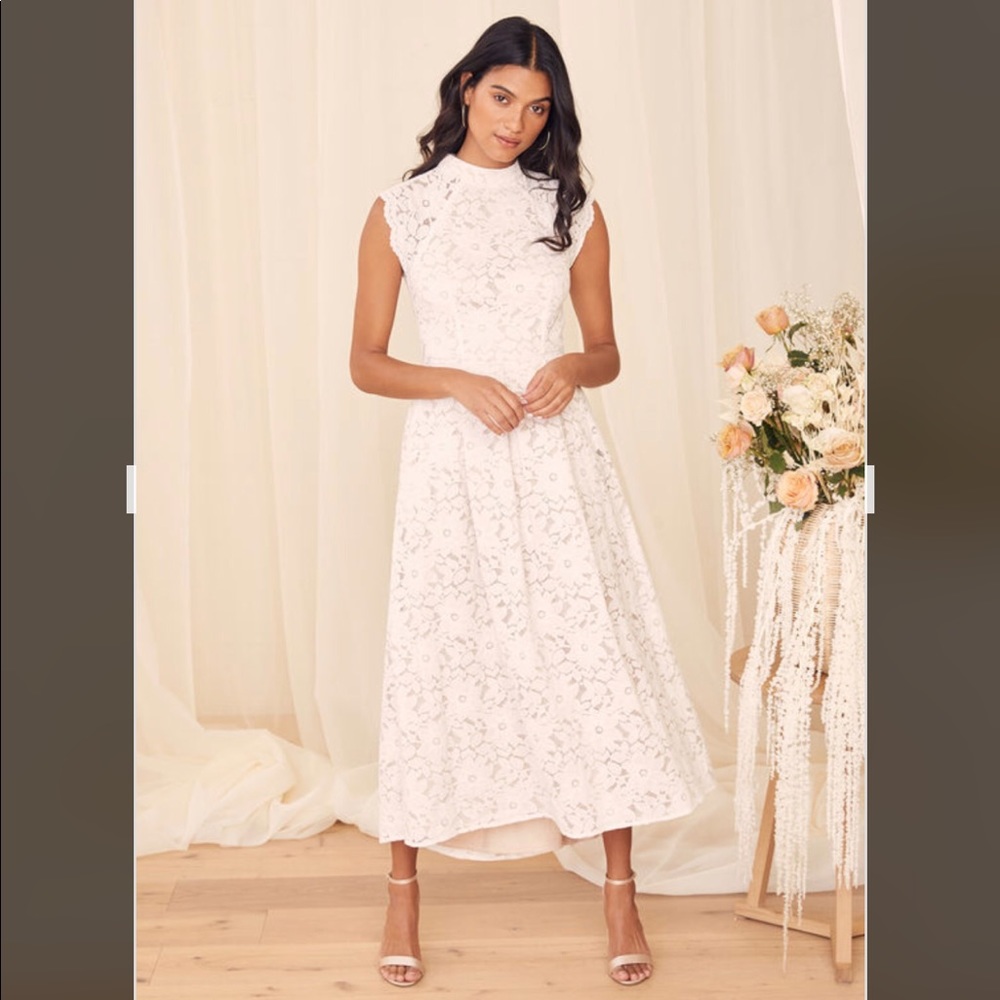 Sweetest Love Story White Lace High-Low Midi Dress